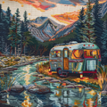 Vintage Travel. Camper by the River Cross Stitch Pattern (PDF + XSD)
