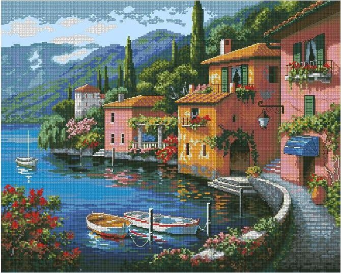 Village on the shore Cross Stitch Pattern (PDF + XSD)