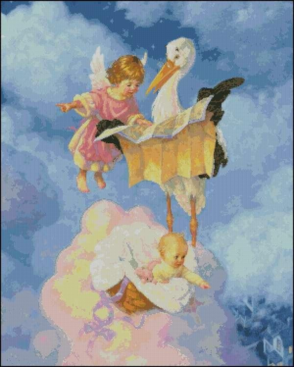 Angels with a stork Cross Stitch Pattern (PDF + XSD)