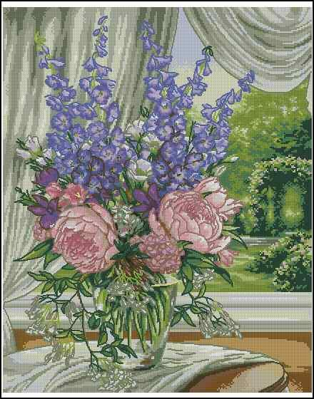 Peonies and delphiniums Cross Stitch Pattern (PDF + XSD)