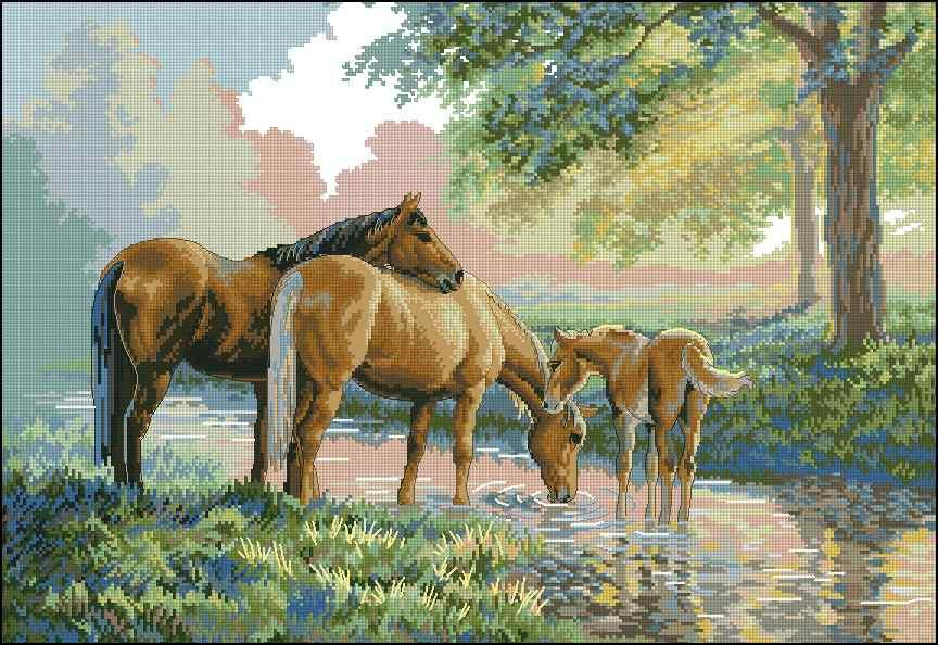 Horses at the watering hole— Cross Stitch Pattern (PDF + XSD)
