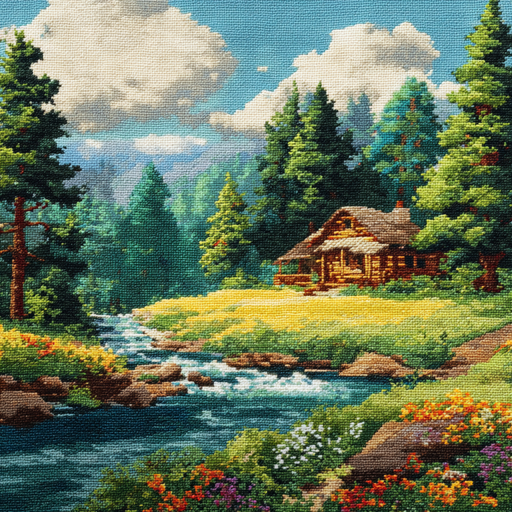 Summer River Log Cabin Cross Stitch Pattern (PDF + XSD)