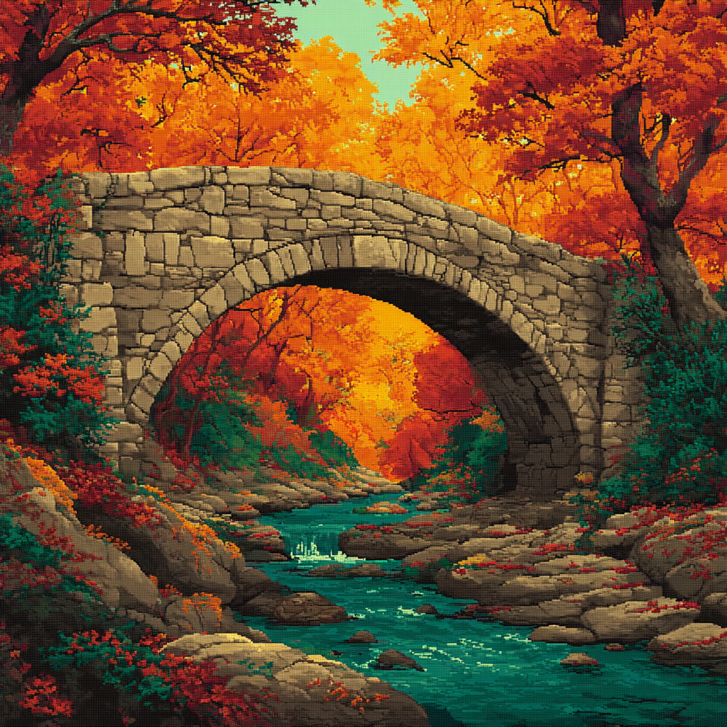 Autumn Forest Stone Bridge Cross Stitch Pattern (PDF + XSD)