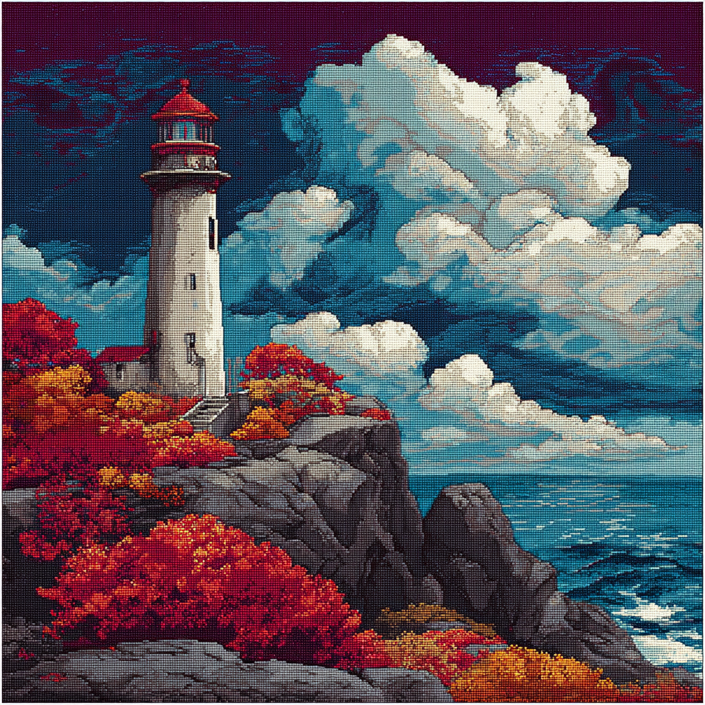 Autumn Coast Lighthouse Cross Stitch Pattern (PDF + XSD)
