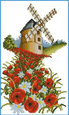 Mill in Poppy Field Cross Stitch Pattern (PDF + XSD)