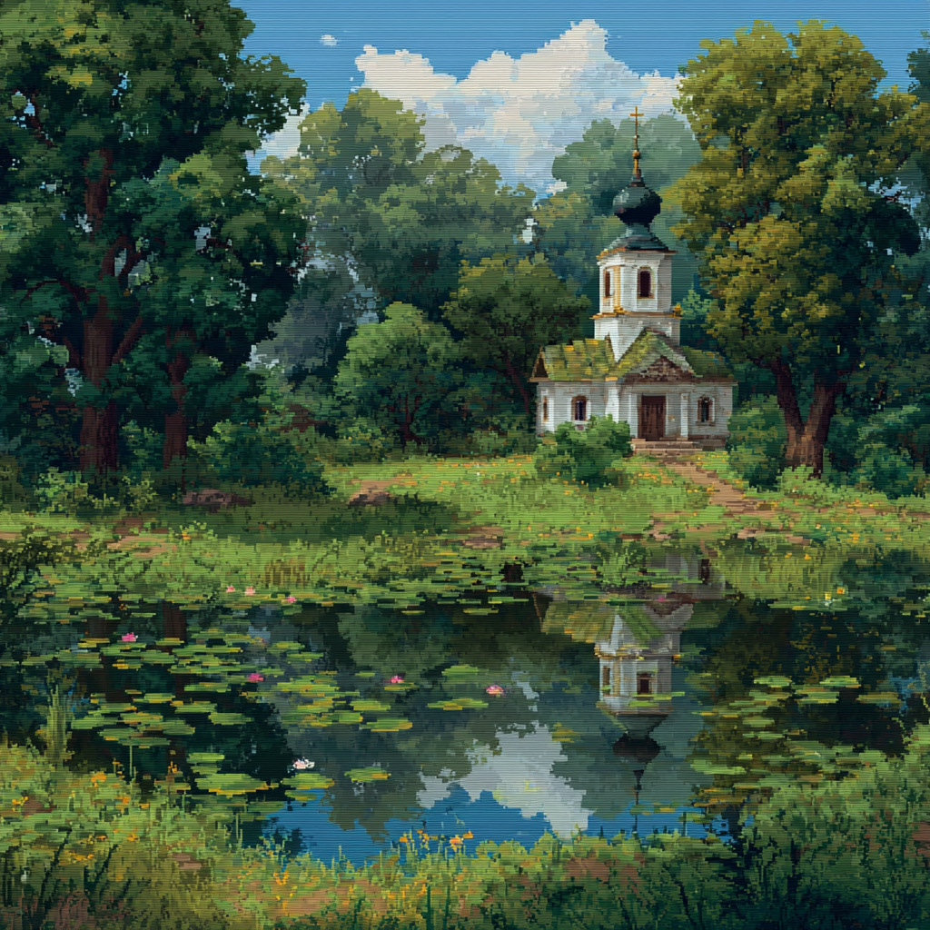 Village Church by the Pond Cross Stitch Pattern (PDF + XSD)