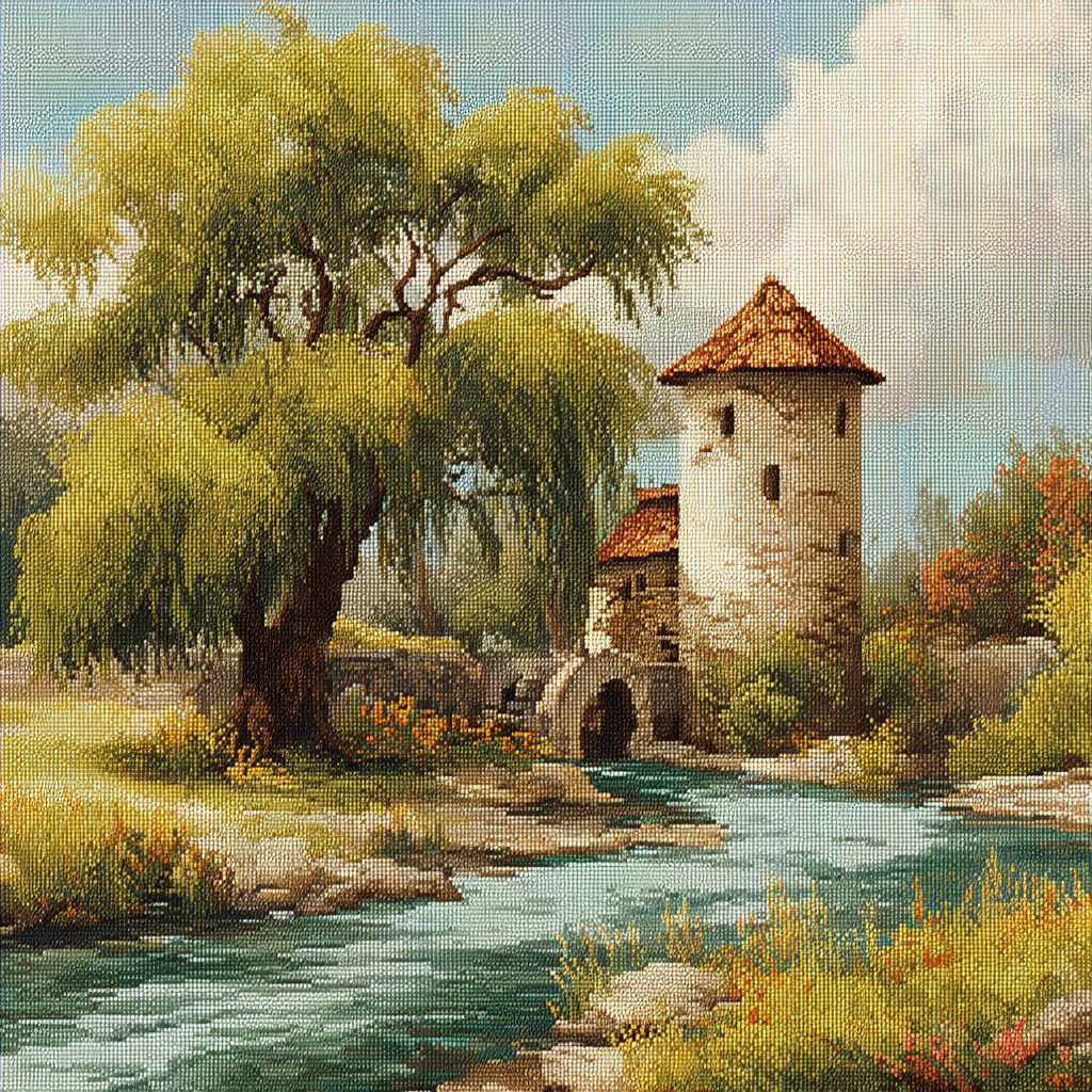 Old Watermill in Bloom Cross Stitch Pattern (PDF + XSD)