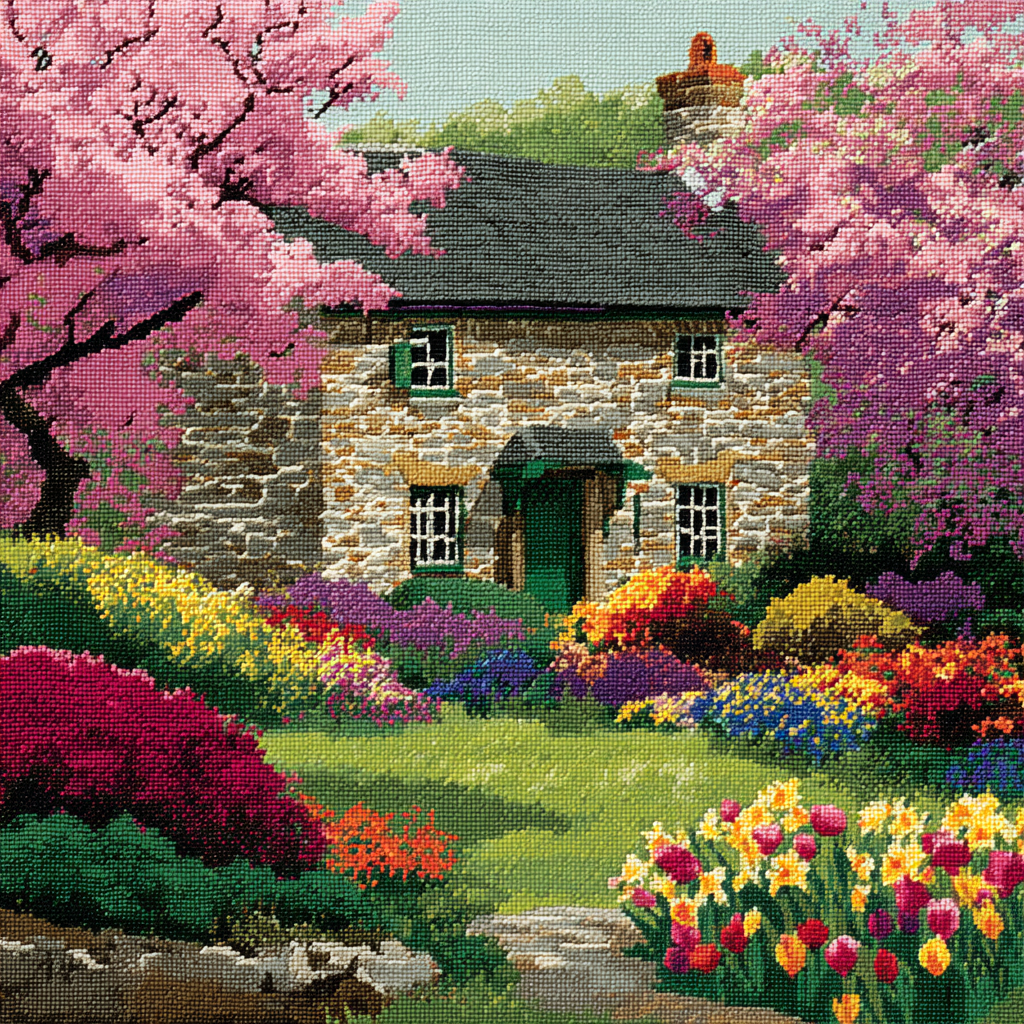 Spring Blossom Stone Cottage Cross Stitch Pattern (PDF + XSD)
