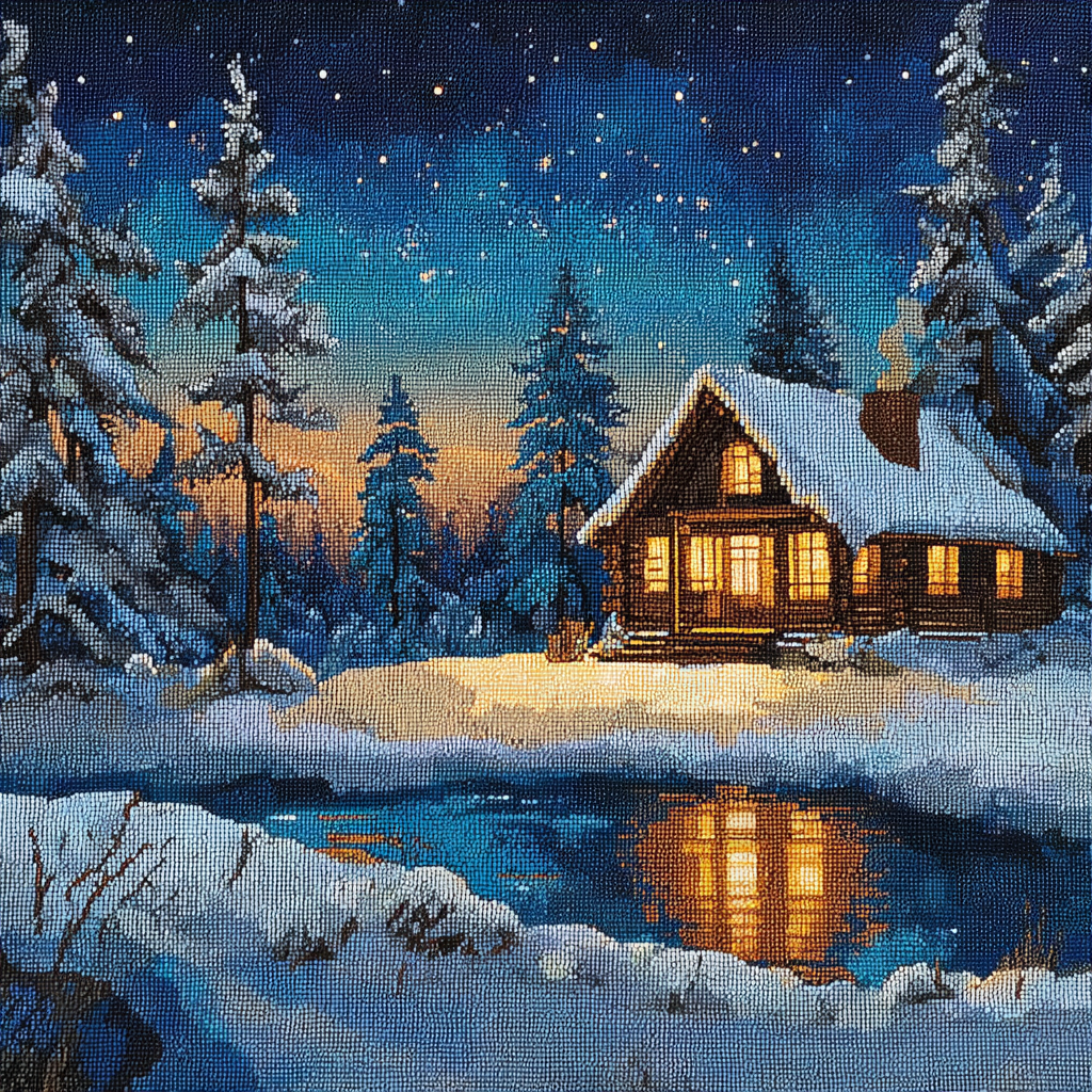 Winter Dusk Lakeside Cabin Cross Stitch Pattern (PDF + XSD)