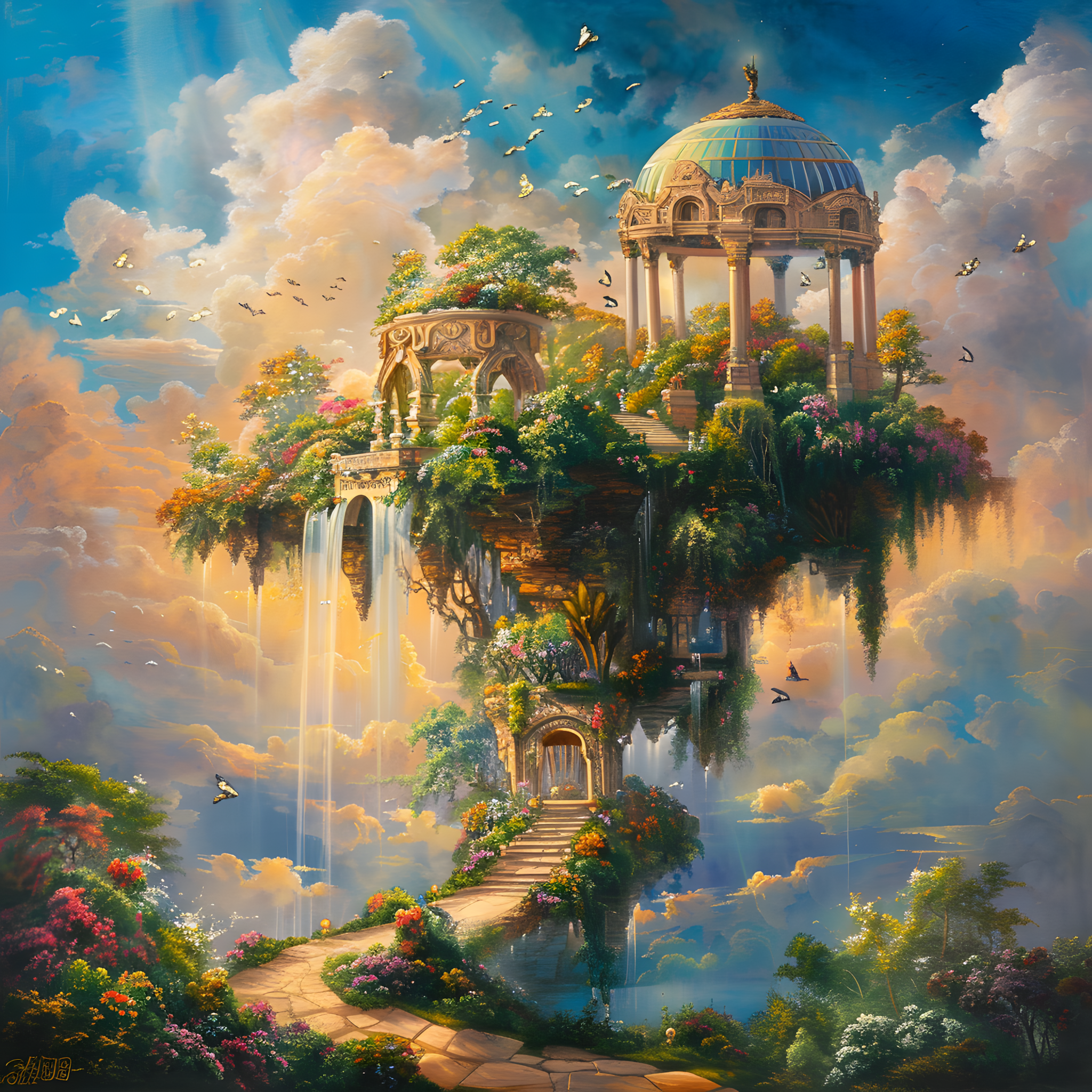 Golden Dawn on a Floating Island — Architectural Sky Cross Stitch Pattern (PDF + XSD)