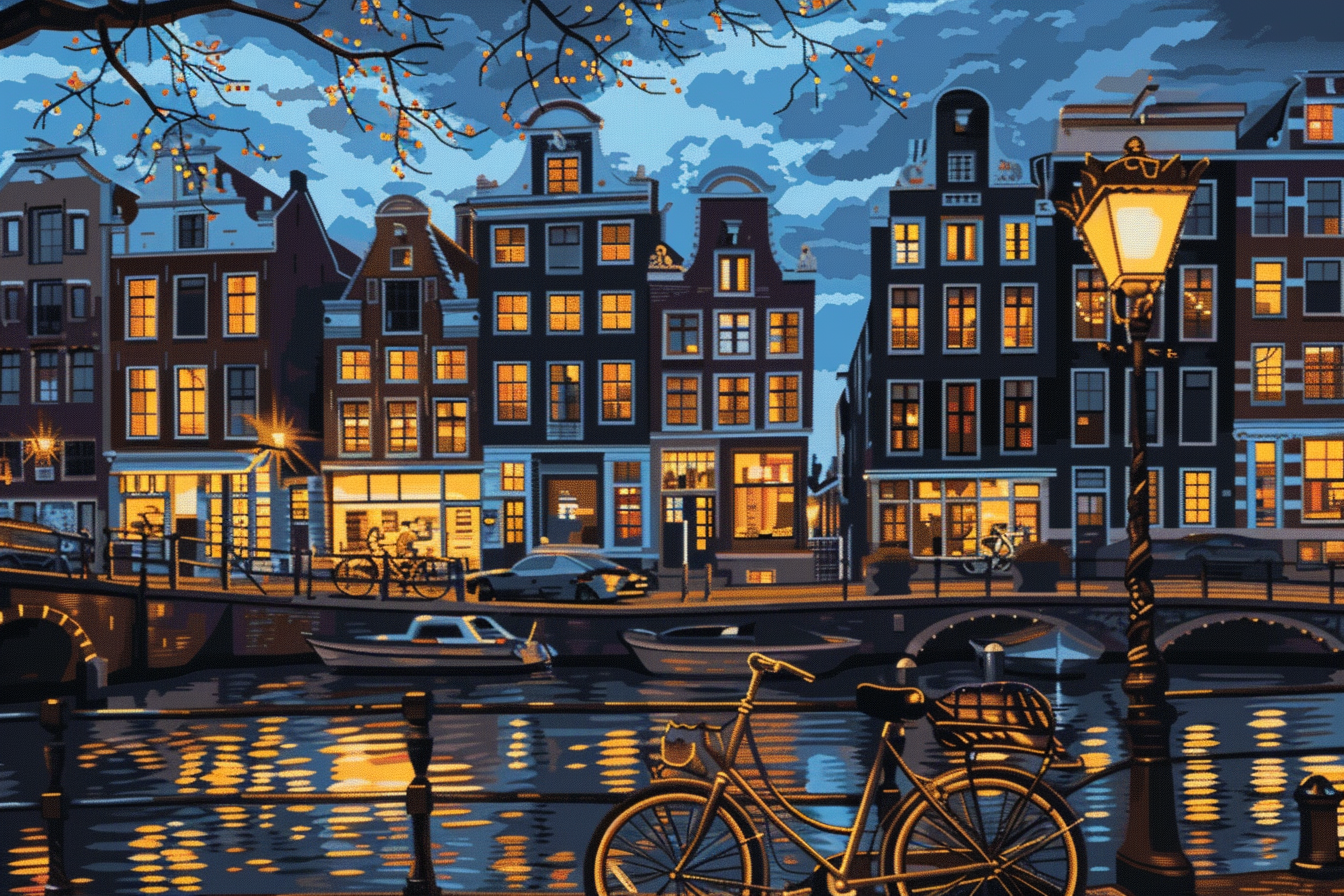Cozy cafes of the world. Amsterdam on the canal Cross Stitch Pattern (PDF + XSD)