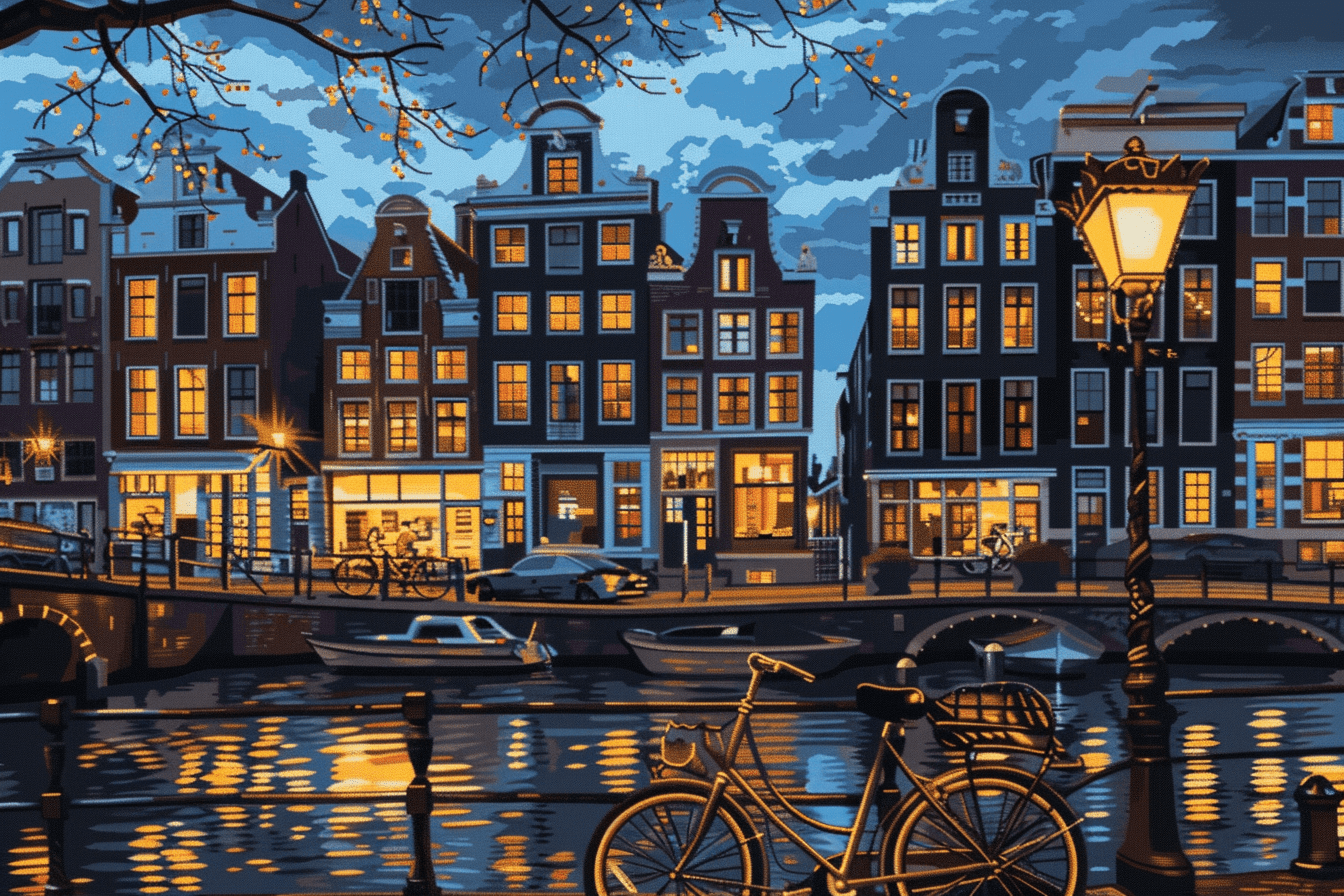 Cozy cafes of the world. Amsterdam on the canal Cross Stitch Pattern (PDF + XSD) - Cross Stitch Pattern - LOSKUTOK