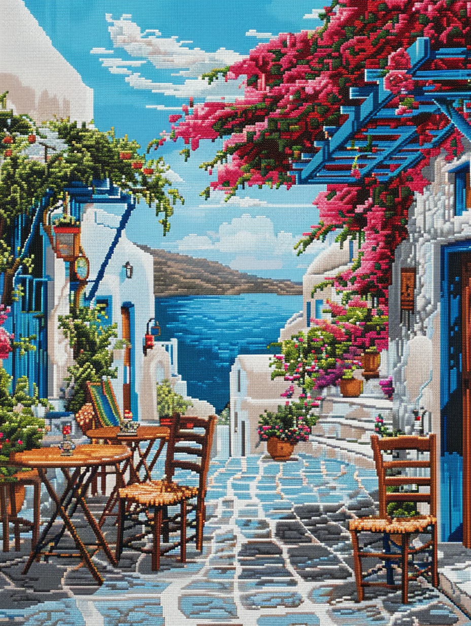 Cozy cafes of the world. Santorini Greece Cross Stitch Pattern (PDF + XSD) - Cross Stitch Pattern - LOSKUTOK