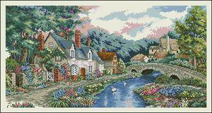 English Village by the River Cross Stitch Pattern (PDF + XSD)