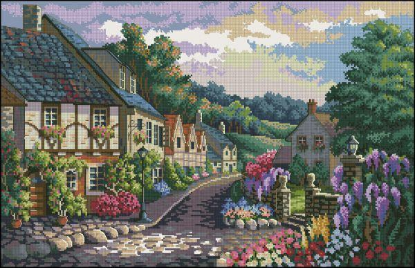 Summer Village Street Cross Stitch Pattern (PDF + XSD)