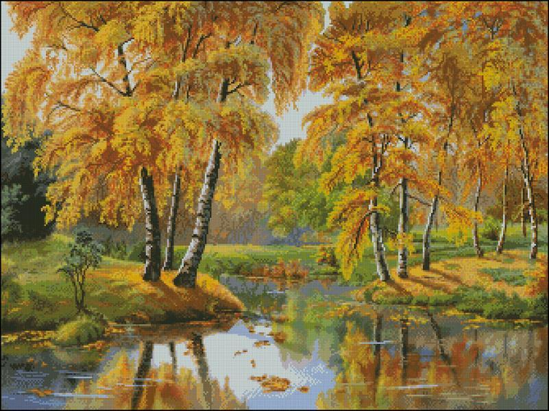 Golden Birches by the River Cross Stitch Pattern (PDF + XSD)