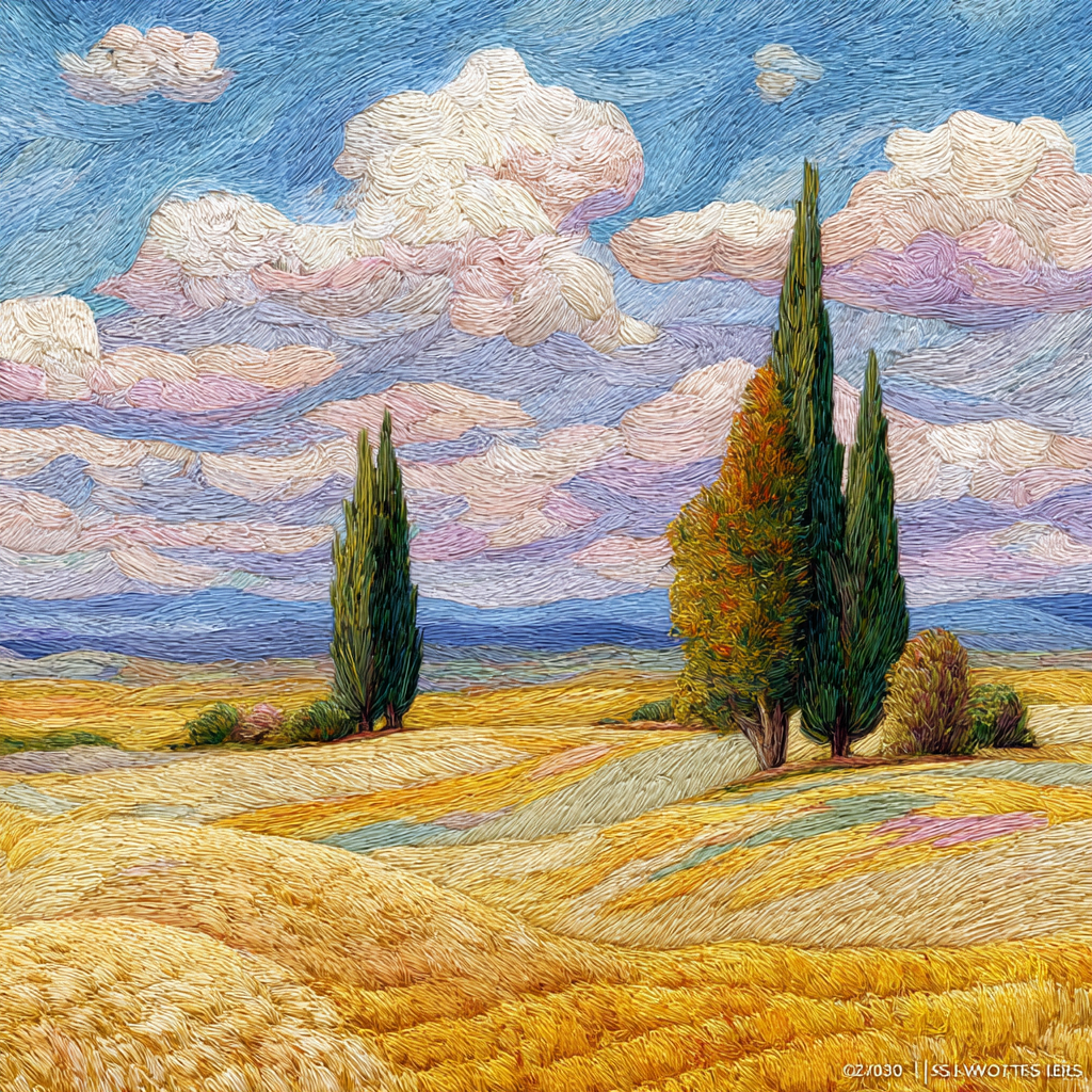 Pastel Masterpieces. Wheat Field with Cypress Trees Cross Stitch Pattern (PDF + XSD) - Cross Stitch Pattern - LOSKUTOK