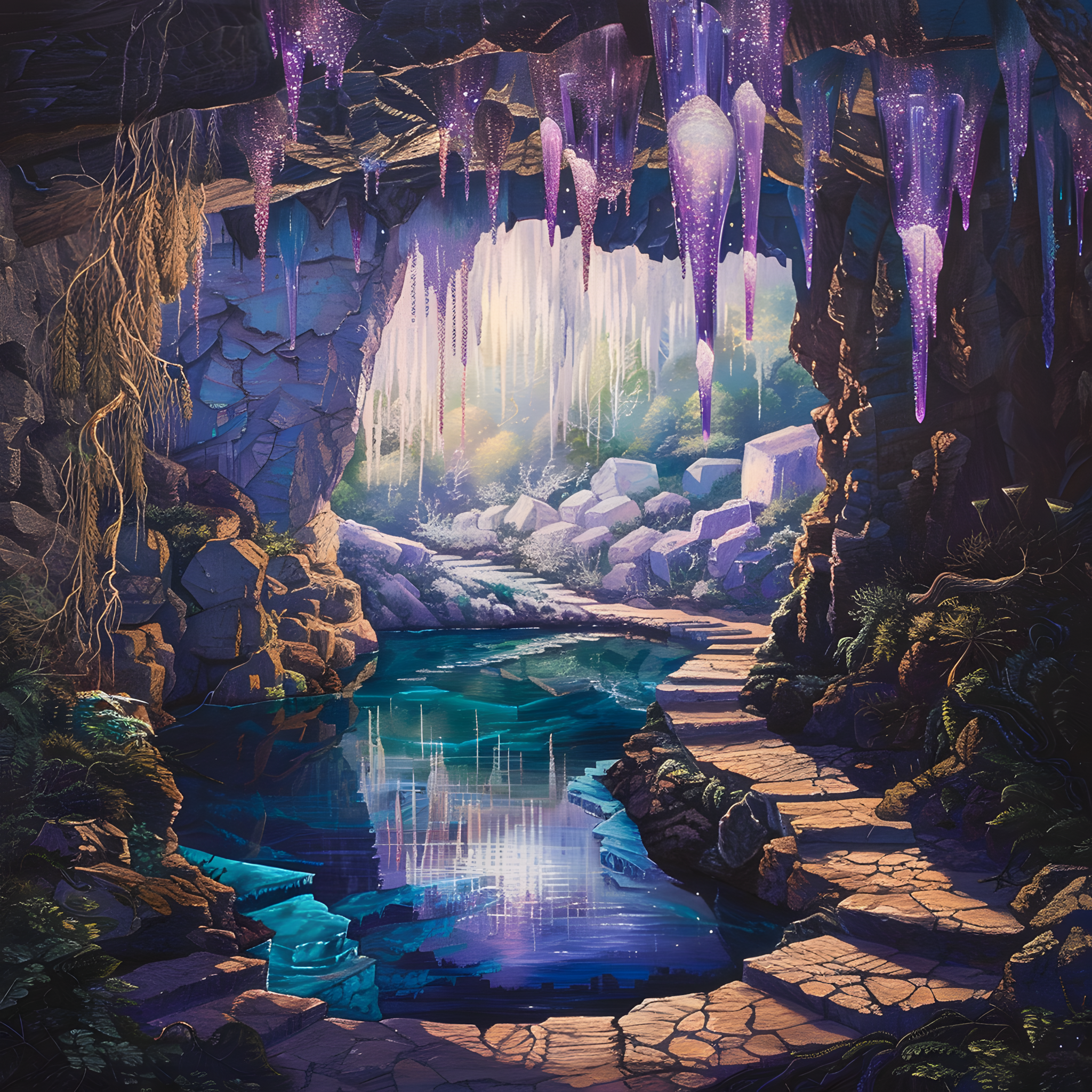 Path to the Secret Spring — Bioluminescent Cave Landscape Cross Stitch Pattern (PDF + XSD) - Cross Stitch Pattern - LOSKUTOK