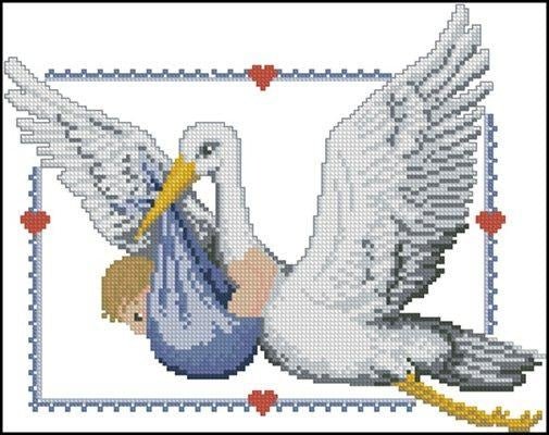 Stork with a boy Cross Stitch Pattern (PDF + XSD) - Cross Stitch Pattern - LOSKUTOK